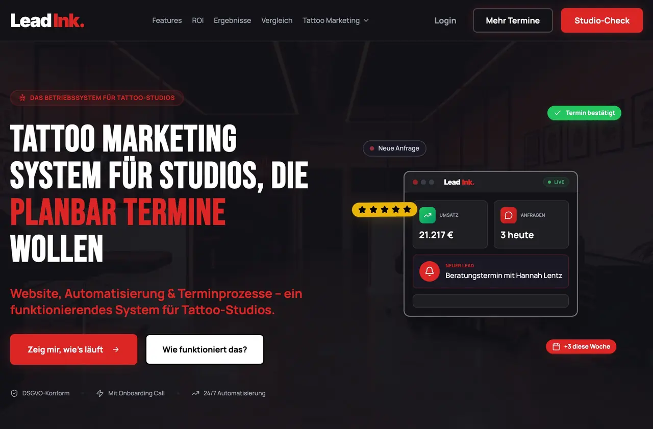 Lead Ink: A product site that takes studio owners straight to a demo.