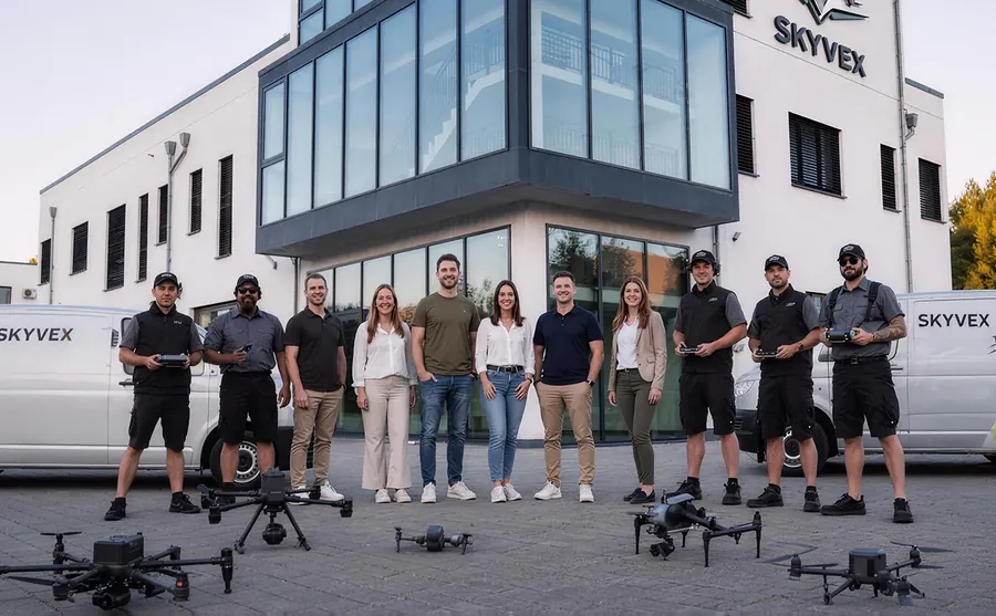 The Skyvex team with its drone fleet in front of the head office