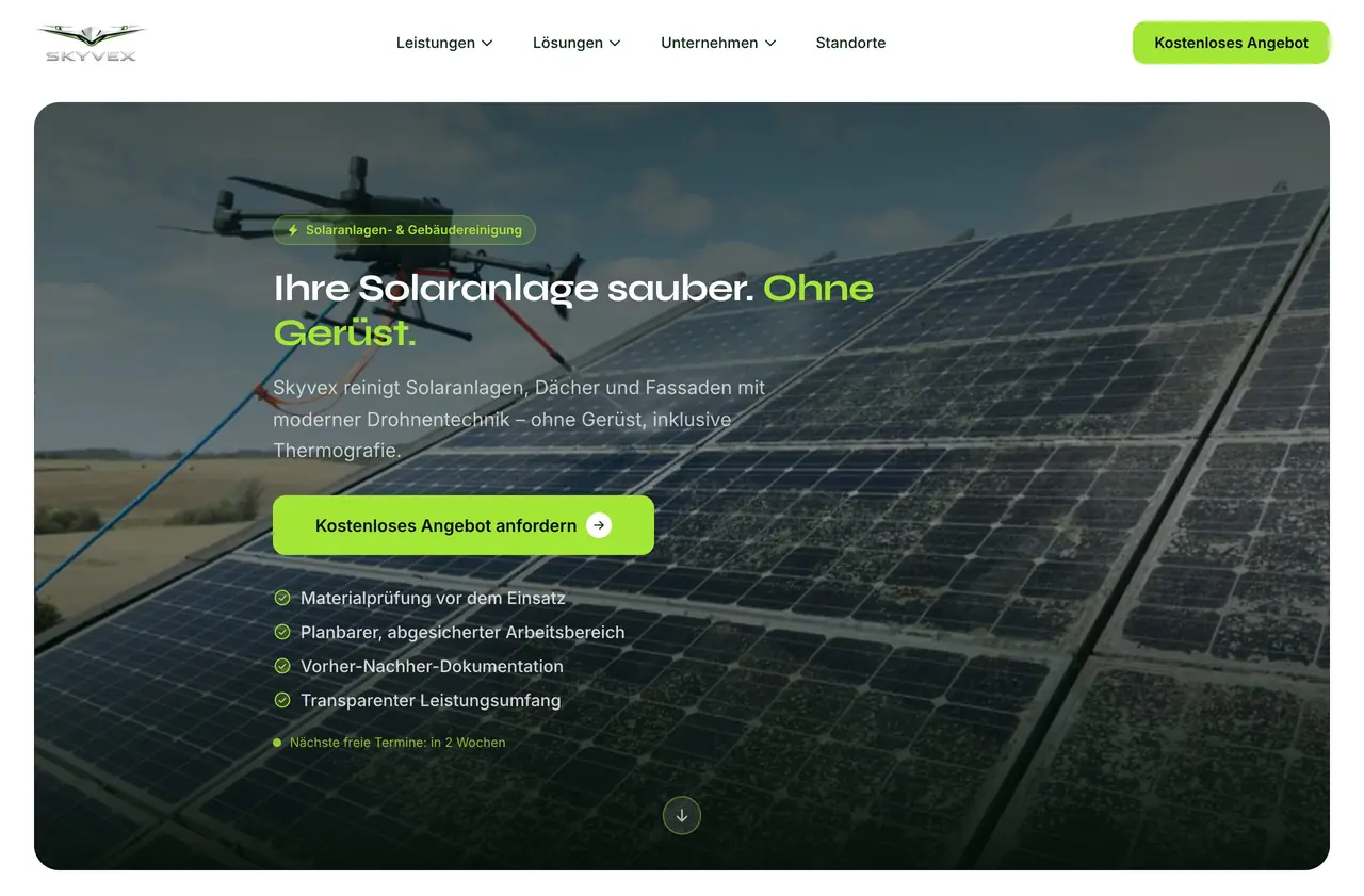Skyvex: City pages for solar, roof and facade, with quote requests.